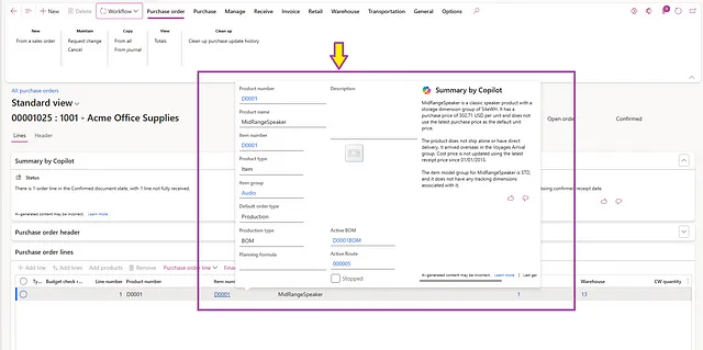 Tóm tắt AI với Copilot trong Dynamics 365 Supply Chain Management (Quản lý chuỗi cung ứng Dynamics 365)